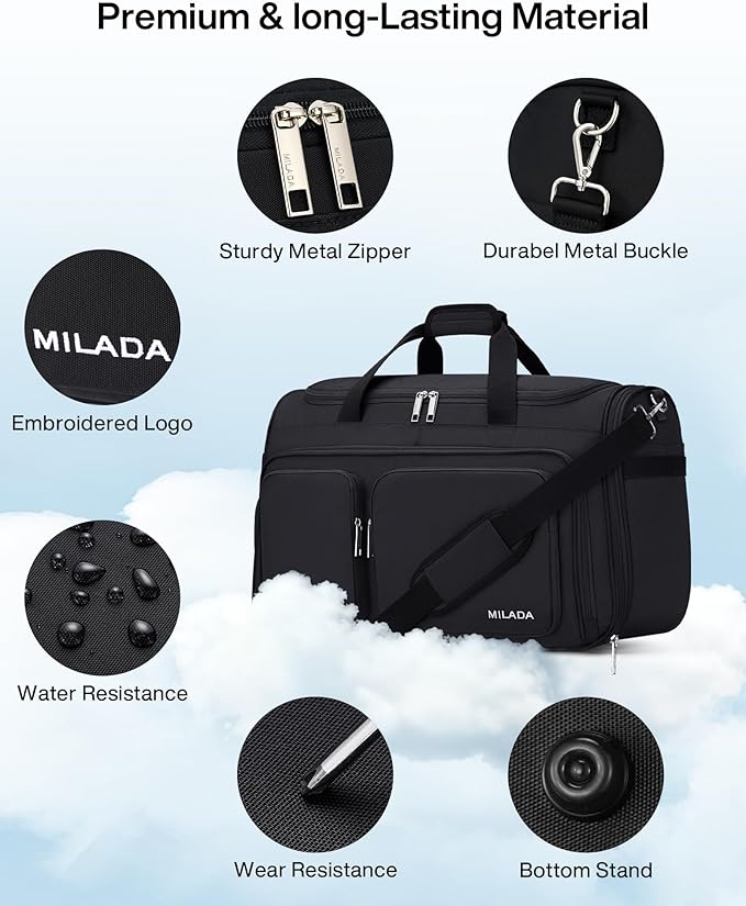 MILADA Carry On Luggage Bags for Travel Large Foldable Duffle Bag for Travel Lightweight Personal Bags for Airplanes Weekend Overnight Bags for Women Mens Travel Bag, Black
