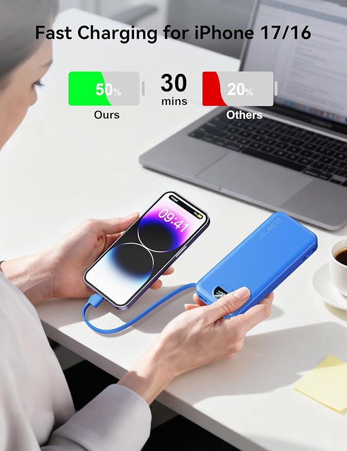 12000mAh Ultra-Portable-Charger-Power-Bank with Built in Cables&AC Wall Plug,PD20W USB-C Fast Charging Cell Phone Charger Battery Pack,LED Display Travel Battery Bank for All iPhone,Samsung,Android