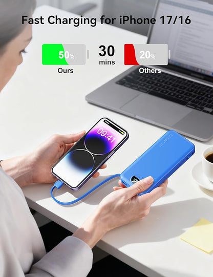 12000mAh Ultra-Portable-Charger-Power-Bank with Built in Cables&AC Wall Plug,PD20W USB-C Fast Charging Cell Phone Charger Battery Pack,LED Display Travel Battery Bank for All iPhone,Samsung,Android