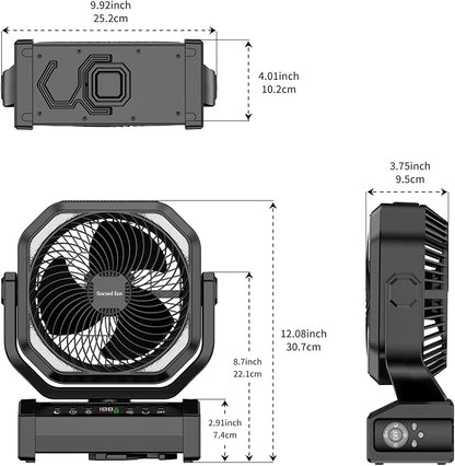 Socool Camping Fan with Light - 20000mAh Rechargeable Battery Fan, 112Hrs Max Run Time, 9 Speeds, Digital Display, Timer, Auto Oscillation, 270° Pivot & Hook for Camping, Power Outage, Hurricane