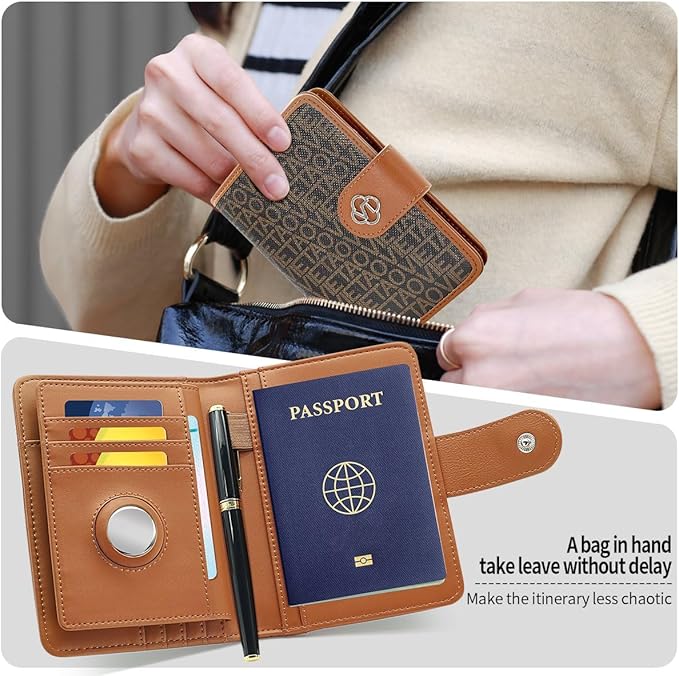 Passport Holder Wallet Bag with AirTag Holder, Card Slots and Passport Solt Ticket Cash Solt, Photo Solt Sim Card Pen Slot.Brown