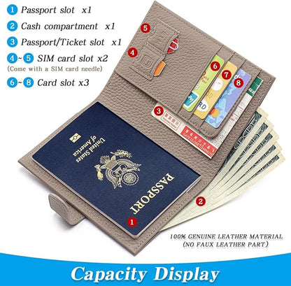 Passport Holder for Travel Women RFID Blocking Genuine Leather Passport Wallet with Card Slots, Zipper Coins Pocket, Cash Holder, Grey