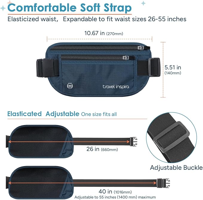 travel inspira Travel Money Belt with Slim Anti-Theft RFID Blocking Passport Holder for Travel Concealed under Clothes for Ultimate Protection of Credit Cards, Cash, Passport & Documents, Navy Blue