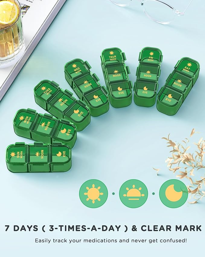 Pill Organizer 3 Times A Day, 7-Day Pill Box 3 Times A Day - Acedada Weekly Medicine Box Organizer, 7 Detachable Portable Daily Pill Container Dispenser Case for Vitamins Fish Oils Supplements, Green