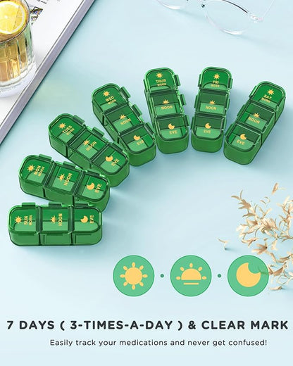 Pill Organizer 3 Times A Day, 7-Day Pill Box 3 Times A Day - Acedada Weekly Medicine Box Organizer, 7 Detachable Portable Daily Pill Container Dispenser Case for Vitamins Fish Oils Supplements, Green