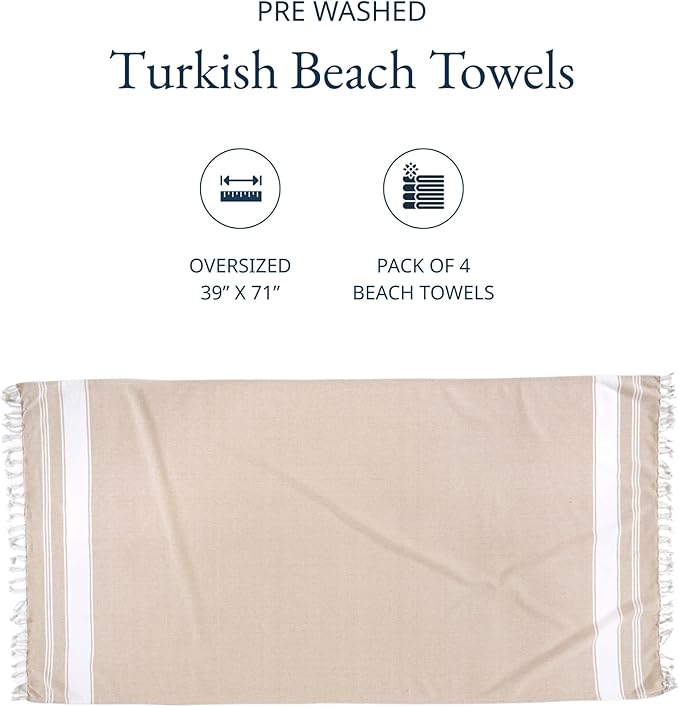 LANE LINEN Beach Towel 4 Pack, Oversized Beach Towels for Adults, Lightweight Travel Beach Towels, Pre-Washed for Soft Hand Feel, Quick Dry Beach Towels, 39"x71" - Beige