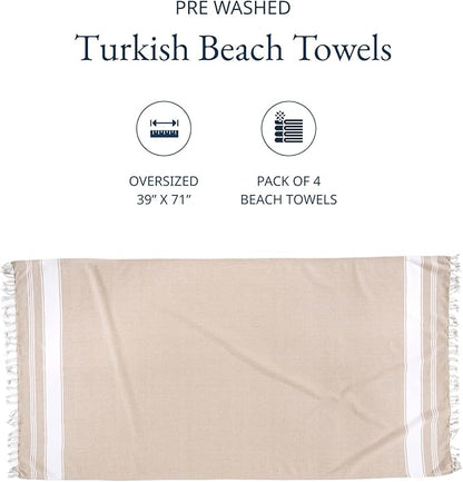 LANE LINEN Beach Towel 4 Pack, Oversized Beach Towels for Adults, Lightweight Travel Beach Towels, Pre-Washed for Soft Hand Feel, Quick Dry Beach Towels, 39"x71" - Beige