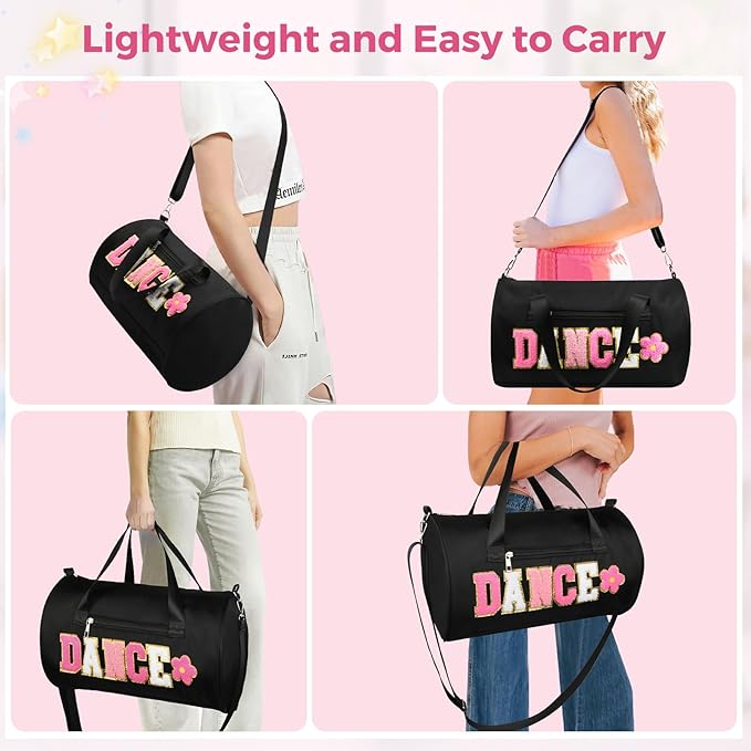 Dance Bag for Girls, KUIRAN 23L Waterproof Travel Duffel Bag with Colorful Chenille Letter, Lightweight Small Gym Sport Ballet Weekender Bag with Large Main Compartment - Black/White/Pink