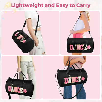 Dance Bag for Girls, KUIRAN 23L Waterproof Travel Duffel Bag with Colorful Chenille Letter, Lightweight Small Gym Sport Ballet Weekender Bag with Large Main Compartment - Black/White/Pink