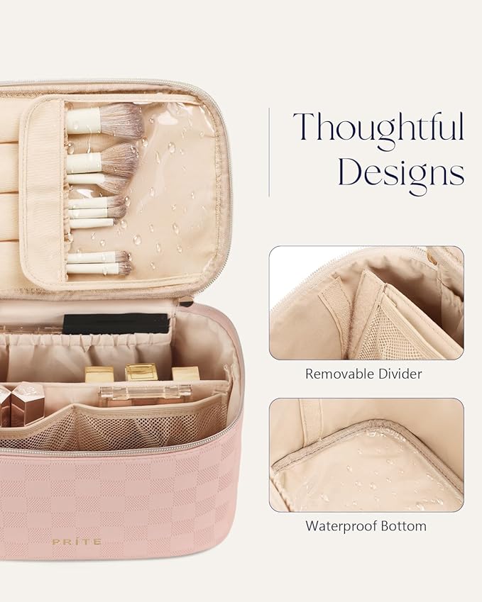 Prite Makeup Bag Portable Cosmetic Organizer with Brush Holder Waterproof Travel Toiletry Bag for Women with Handle and Divider (Checkered Pink)