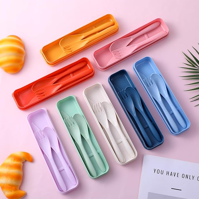 32 Sets Reusable Travel Utensils Set with Case, Portable Natural Wheat Straw Fork Spoons Knife Camping Cutlery, Lunch Box Tableware for Travel Picnic Camping Utensils, 8 colors
