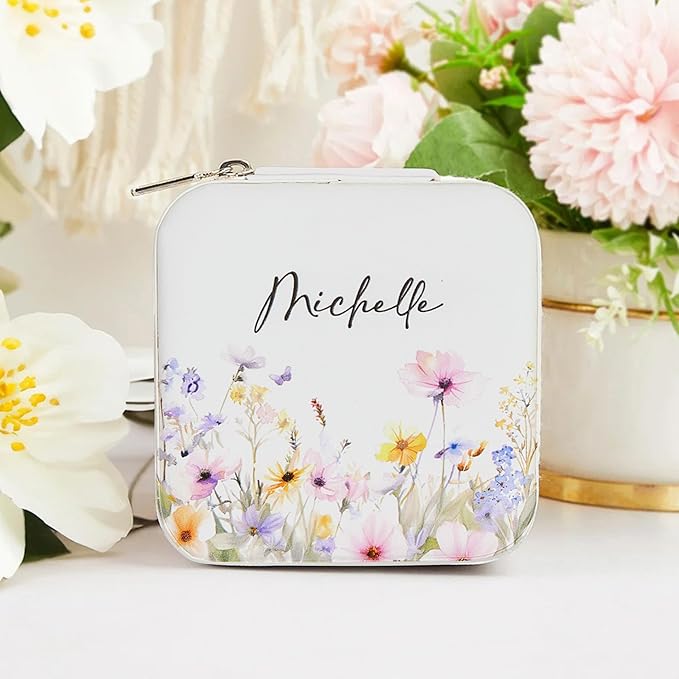 Custom Travel Jewelry Case With Mirror Small Leather Custom Name Birth Flower Jewelry Travel Case Birthday Jewelry Box Christmas Gifts For Mother Grandma Daughter Women Size 4×4×2INCH