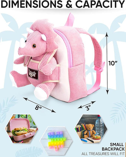 Naturally KIDS Pink Triceratops Toy, Triceratops Stuffed Animal for 2 3 4 5 Year Old Girl, Stuffed Dinosaur for Girls, Pink Toddler Backpack