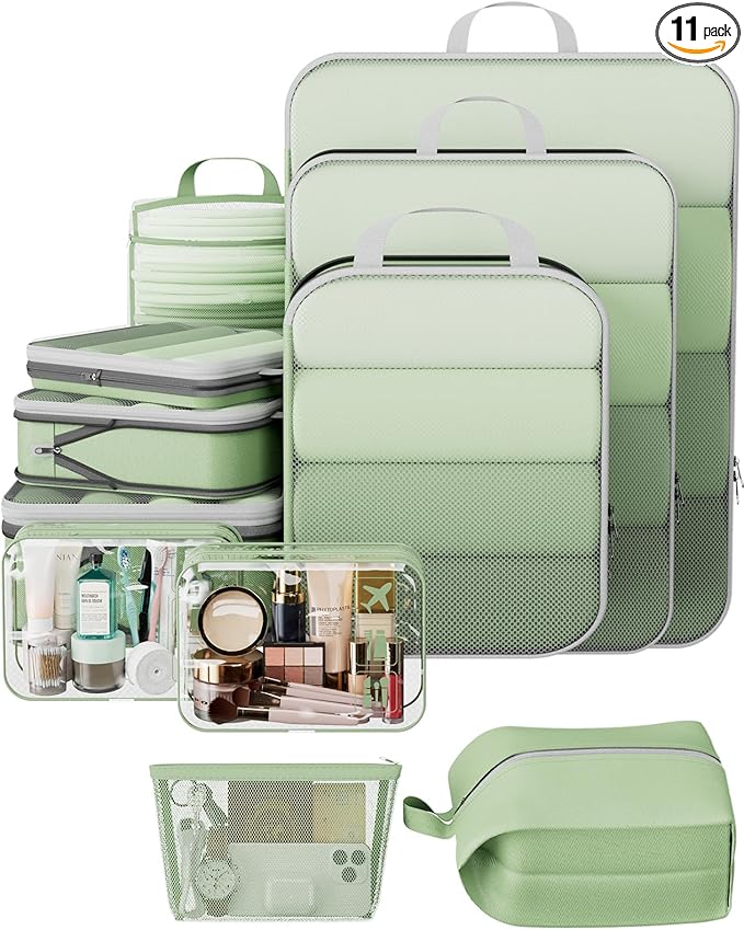 Veken 11 Set Compression Packing Cubes for Travel Essentials,Compressible Expandable Large Luggage Suitcase Organizer Bags for Clothing,Durable Space Saver Storage Bags(Matcha Green)
