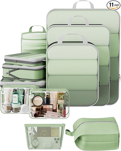 Veken 11 Set Compression Packing Cubes for Travel Essentials,Compressible Expandable Large Luggage Suitcase Organizer Bags for Clothing,Durable Space Saver Storage Bags(Matcha Green)