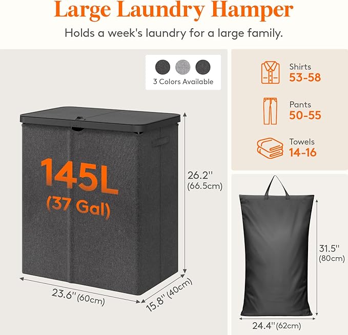 Lifewit 145L Laundry Basket with Lid, Large Laundry Hamper with Plastic Handles and Removable Bag, Foldable Tall Dirty Clothes Hampers for Laundry for Laundry Room, Bedroom, Bathroom, Dorm, Dark Gray