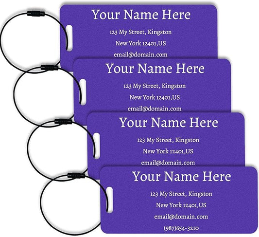 Luggage Tags for suitcases Tags Pack of 4 Personalized Luggage Tags Double Sided Laser Engraving Metal Luggage Tag and Stainless Loops Customizable Luggage Tag Cruise Luggage tag (Purpie, Small)