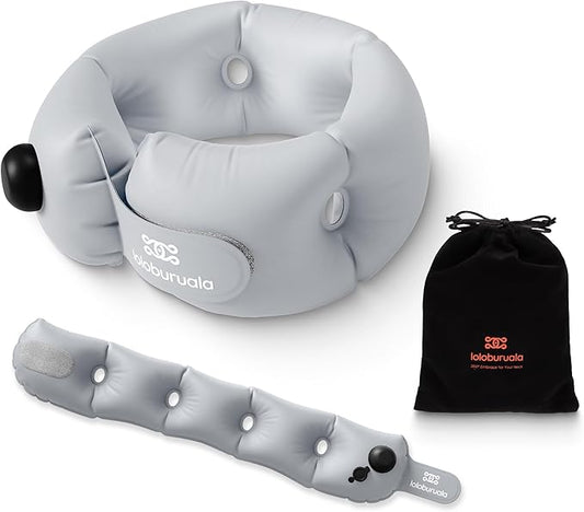 Inflatable Neck Pillow, Portable Travel Neck Pillow for Long Flight, Storable Gray Neck Pillows with Washable Cover, Adjustable Air-Fill Support