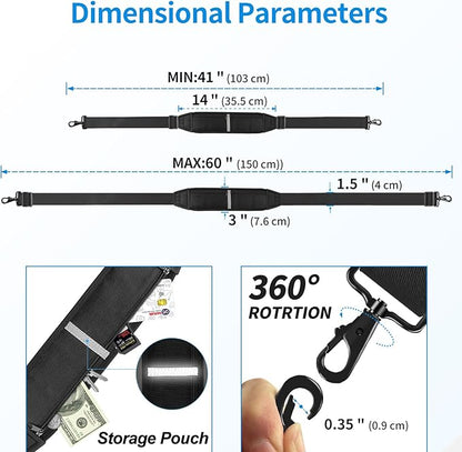 60" Universal Shoulder Strap, 3D Sponge Thick Padded Bag Strap with Double Adjustable Buckles and Metal Hooks, Ideal for Briefcases, Crossbody Bags, Luggage (Storage Bag + Reflective Tape)