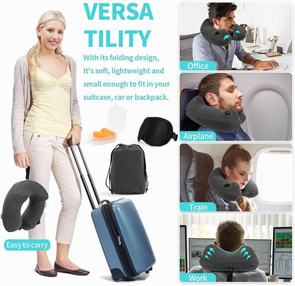 2 Pack Inflatable Travel Neck Pillows for Airplanes, Head Support Velvet Adult Neck Pillows for Long Flight, Kit with Eye Mask, Earplugs and Storage Bag, 2, Dark Gray