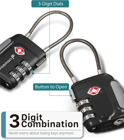 Fosmon TSA Approved Cable Locks for Luggage, Suitcase, Gun Case Lock with Push Release Button, 3 Digit Long Shackle Combination Wire Lock for Backpack