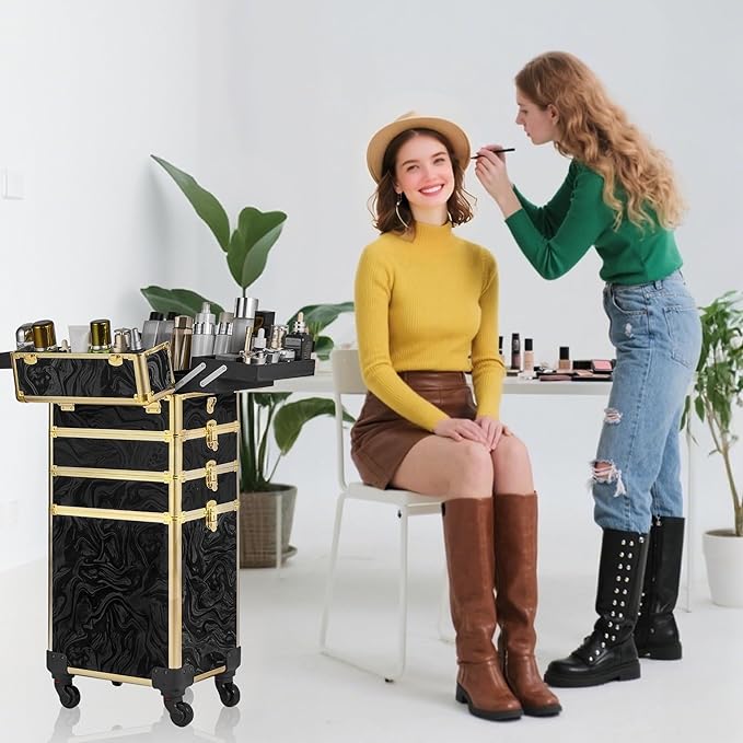 Rolling Makeup Case, Makeup Train Case with Lid, 5 in 1 Cosmetology Case on Wheels, Christmas Gift, Large Makeup Organizers, Profesional Cosmetic Case for Salon Barber, Pattern Black Gold