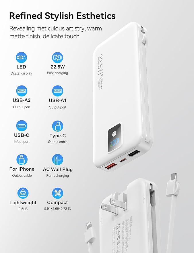 Portable Charger, 12000mAh 22.5W Fast Charging Power Bank with Built-in Cables & Wall Plug, Travel Essentials Battery Pack with LED Display, USB C External Battery Bank for iPhone iPad, Samsung White