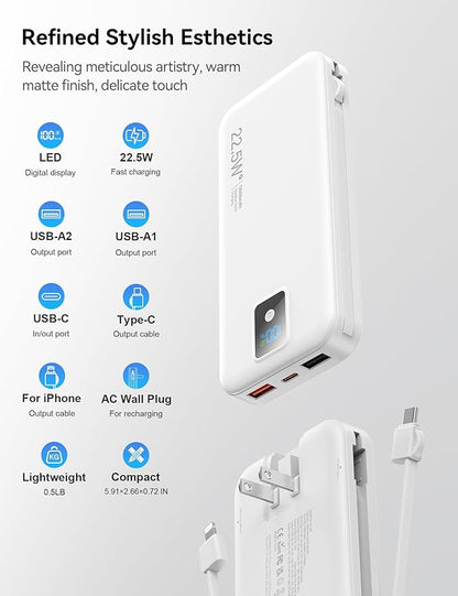 Portable Charger, 12000mAh 22.5W Fast Charging Power Bank with Built-in Cables & Wall Plug, Travel Essentials Battery Pack with LED Display, USB C External Battery Bank for iPhone iPad, Samsung White