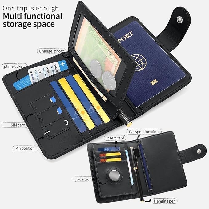 Passport Holder Wallet Bag with AirTag Holder, Card Slots and Passport Solt Ticket Cash Solt, Photo Solt Sim Card Pen Slot.Black