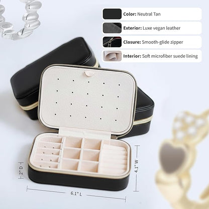 Small Travel Jewelry Box Organizer for women & Girls, Portable Small Travel Jewelry Case Organizer for Traveling, PU Leather Mini Box for Earrings, Necklaces, Rings, Bracelets - Black