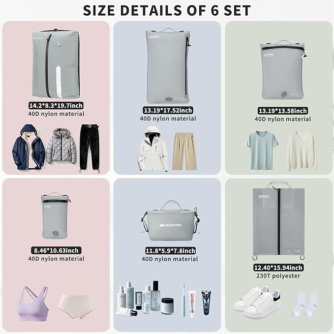6 Set Vacuum Bags for Travel, Professional IPX8 Reusable Organizer, Compression Packing cube for Suitcases, Durable Seal Space Saver Bags -Traveling/Skiing Essentials (with Pump)