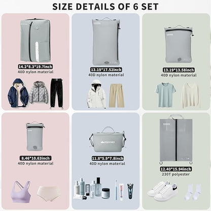 6 Set Vacuum Bags for Travel, Professional IPX8 Reusable Organizer, Compression Packing cube for Suitcases, Durable Seal Space Saver Bags -Traveling/Skiing Essentials (with Pump)