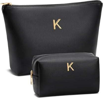 Women Gifts | Initial Makeup Bag Set for Girl Personalized Gifts for Bridesmaid Friend Graduation Teachers PU Leather Cosmetic Travel Toiletry Bag(Black,K)
