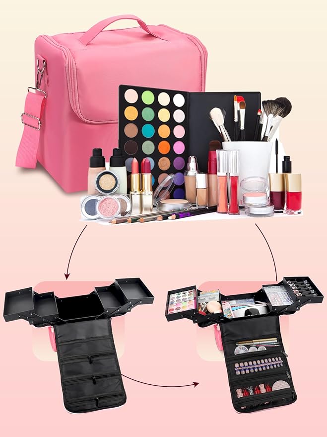 Deciniee Large Pink Makeup Nail Polish Organizer Bag, 4 Tier Professional Makeup Case, Waterproof Nylon, Travel/On-the-go Makeup Storage