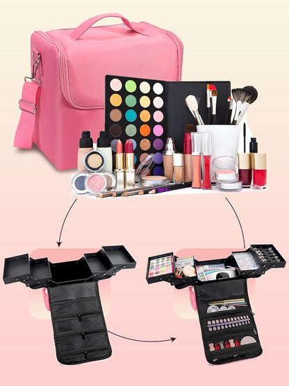 Deciniee Large Pink Makeup Nail Polish Organizer Bag, 4 Tier Professional Makeup Case, Waterproof Nylon, Travel/On-the-go Makeup Storage