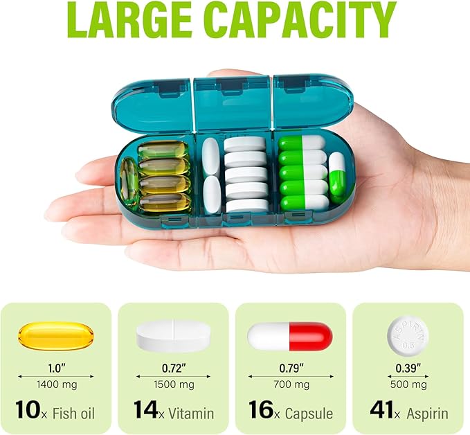 Vikie Weekly Pill Organizer 3 Times a Day, Morn NOON Night, BPA-Free, Portable & Moisture-Proof for Pills, Vitamins, Supplements (3x7 Blue)