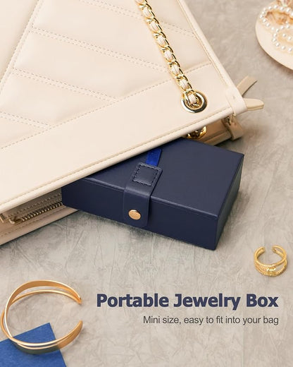 Homde 2 IN 1 Jewelry Box for Women Girls with Small Travel Case Mirror Necklace Ring Earrings Organizer - Christmas Gifts (Dark Blue + Gold)