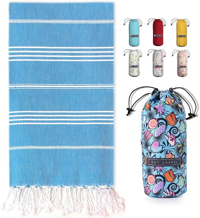 BAY LAUREL Turkish Beach Towel with Travel Bag 39 x 71 Quick Dry Sand Free Lightweight Large Oversized Towels Light