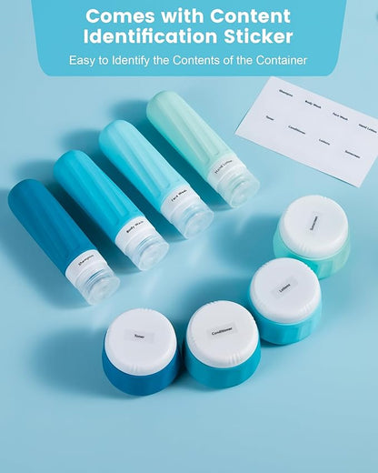 Travel Size Toiletries 8 Pack, TSA Approved 3oz Silicone Squeeze Bottles & Cream Jars with Clear Travel Bag