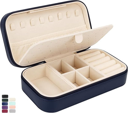 DesignSter Travel Jewelry Box, PU Leather Portable Jewelry Case, Small Jewelry Boxes for Gifts, Travel Jewelry Organizer for Women Rings Earrings Necklaces Bracelets (Dark Blue)
