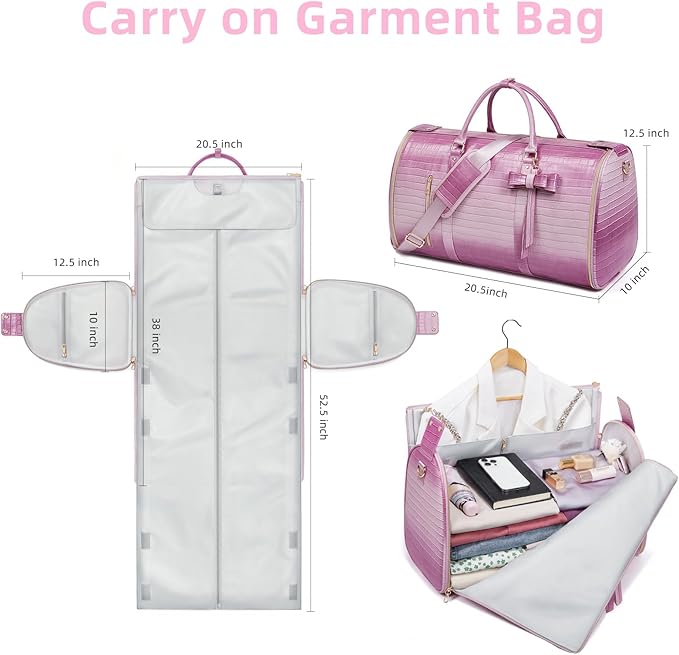 Garment Bags for Travel, 2-in-1 Convertible Travel Garment Duffle Bag for Women, Foldable Carry On Garment Bag with Shoe Compartment & Toiletry Pocket, PU Leather Weekender Bag, Pink-White