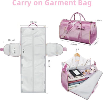 Garment Bags for Travel, 2-in-1 Convertible Travel Garment Duffle Bag for Women, Foldable Carry On Garment Bag with Shoe Compartment & Toiletry Pocket, PU Leather Weekender Bag, Pink-White