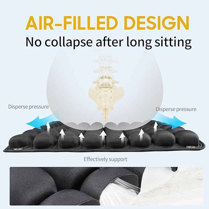 Adjustable Inflatable Seat Cushion with Built-in Pump - Portable Comfort for Airplane, Office, Car, Wheelchair & Outdoor Use - Lightweight, Durable, Black