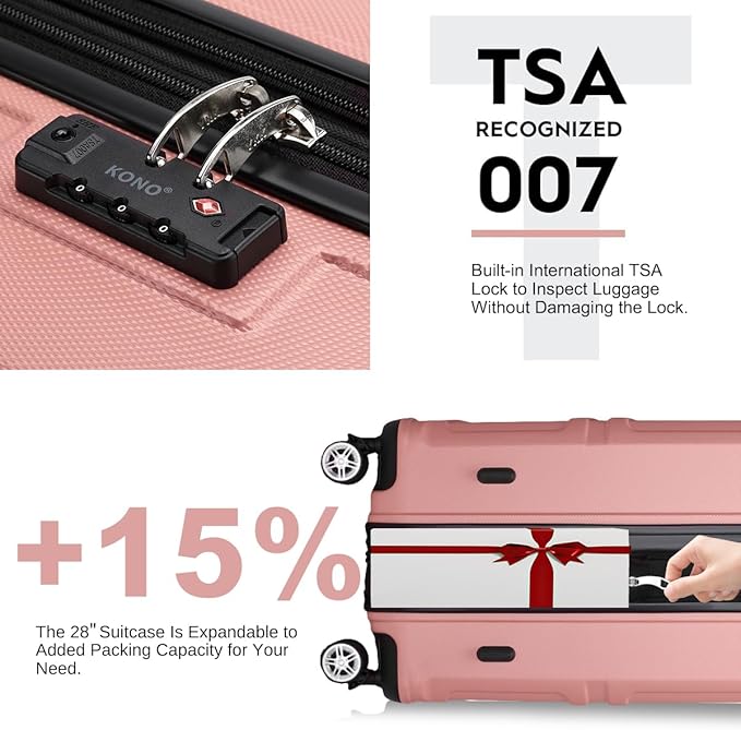 Kono 4 Piece Luggage Sets Expandable(only 28") with Spinner Wheels TSA Lock Lightweight PC+ABS Hardside Travel Rolling Suitcases 20in 24in 28in Carry on and 12in Mini Cosmetic Case Nude/Rose Pink