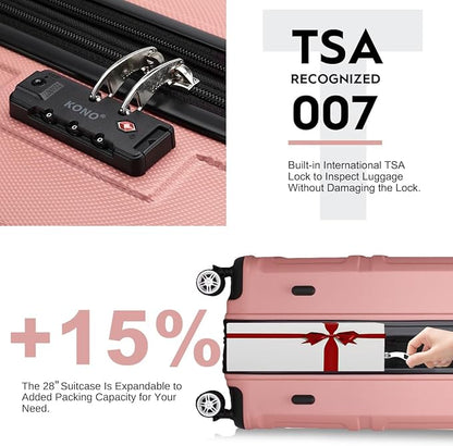 Kono 4 Piece Luggage Sets Expandable(only 28") with Spinner Wheels TSA Lock Lightweight PC+ABS Hardside Travel Rolling Suitcases 20in 24in 28in Carry on and 12in Mini Cosmetic Case Nude/Rose Pink
