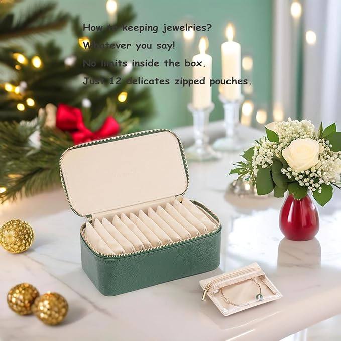 Vlando Travel Jewelry Box Organizer - 12 Small Velvet Zipped Pouches Pockets for Jewelries Necklaces Rings Earrings Sorting Storage, Dark Green