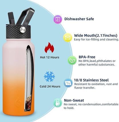 BJPKPK Insulated Water Bottles with Straw Lid, 32oz Metal Large Water Bottle with 3 Lids, Reusable Leak Proof BPA Free Thermo, Stainless Steel Tumblers for Sports, Gym, Travel-Coral