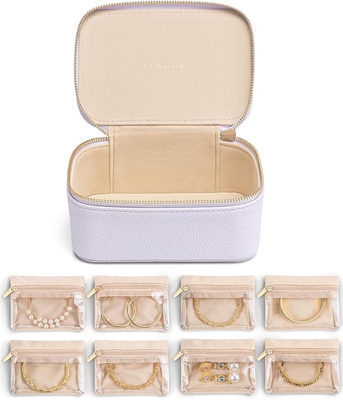 Vlando Travel Jewelry Case with 8 Velvet Jewelry Bags Travel Jewelry Storage Box Jewelry Organizer for Necklace Rings Earrings Teen Girls Gifts Trendy Stuff -Purple