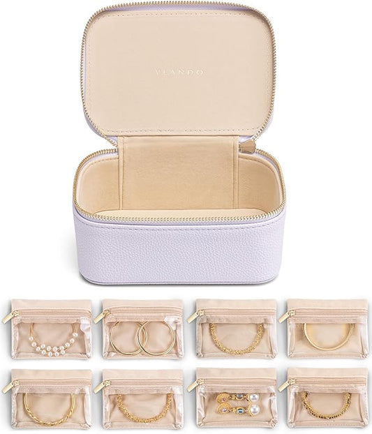 Vlando Travel Jewelry Case with 8 Velvet Jewelry Bags Travel Jewelry Storage Box Jewelry Organizer for Necklace Rings Earrings Teen Girls Gifts Trendy Stuff -Purple