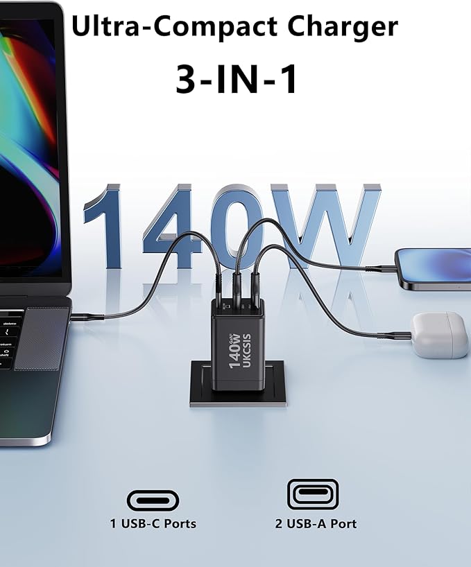 140W USB C Charger Block, Foldable 3-Port Multi-Device Fast Charger USB C Power Adapter for MacBook pro/Air, Dell, Samsung Galaxy, iPad Pro, and More (Black)